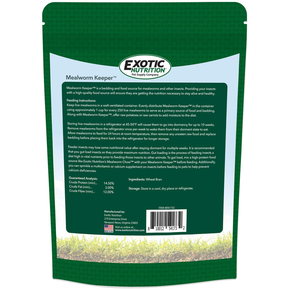 Exotic Nutrition Mealworm Keeper feed closeup, nutritious grains for larvae growth.
