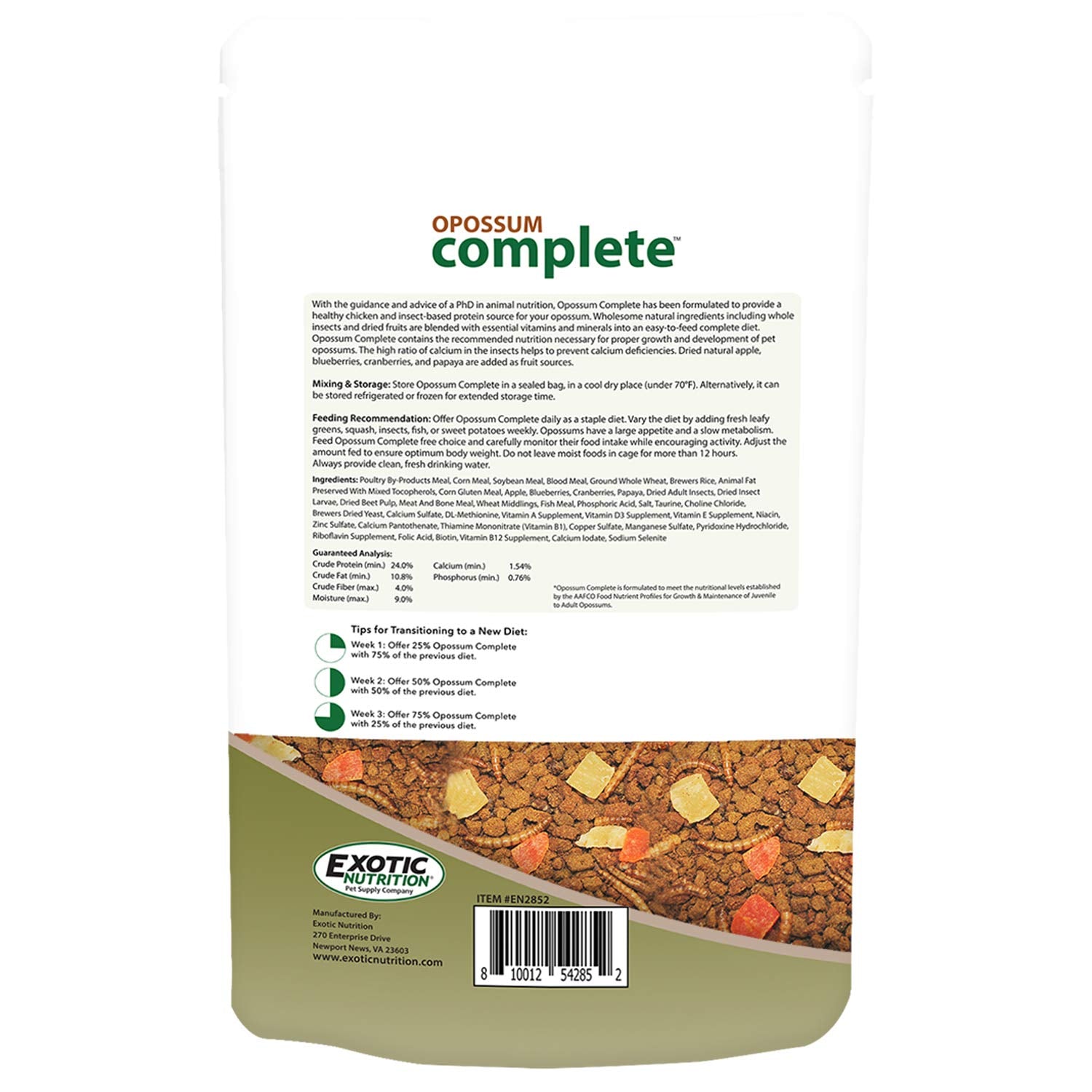 Exotic Nutrition Opossum BSFL calcium-source highlights calcium-rich insects for a balanced intake.