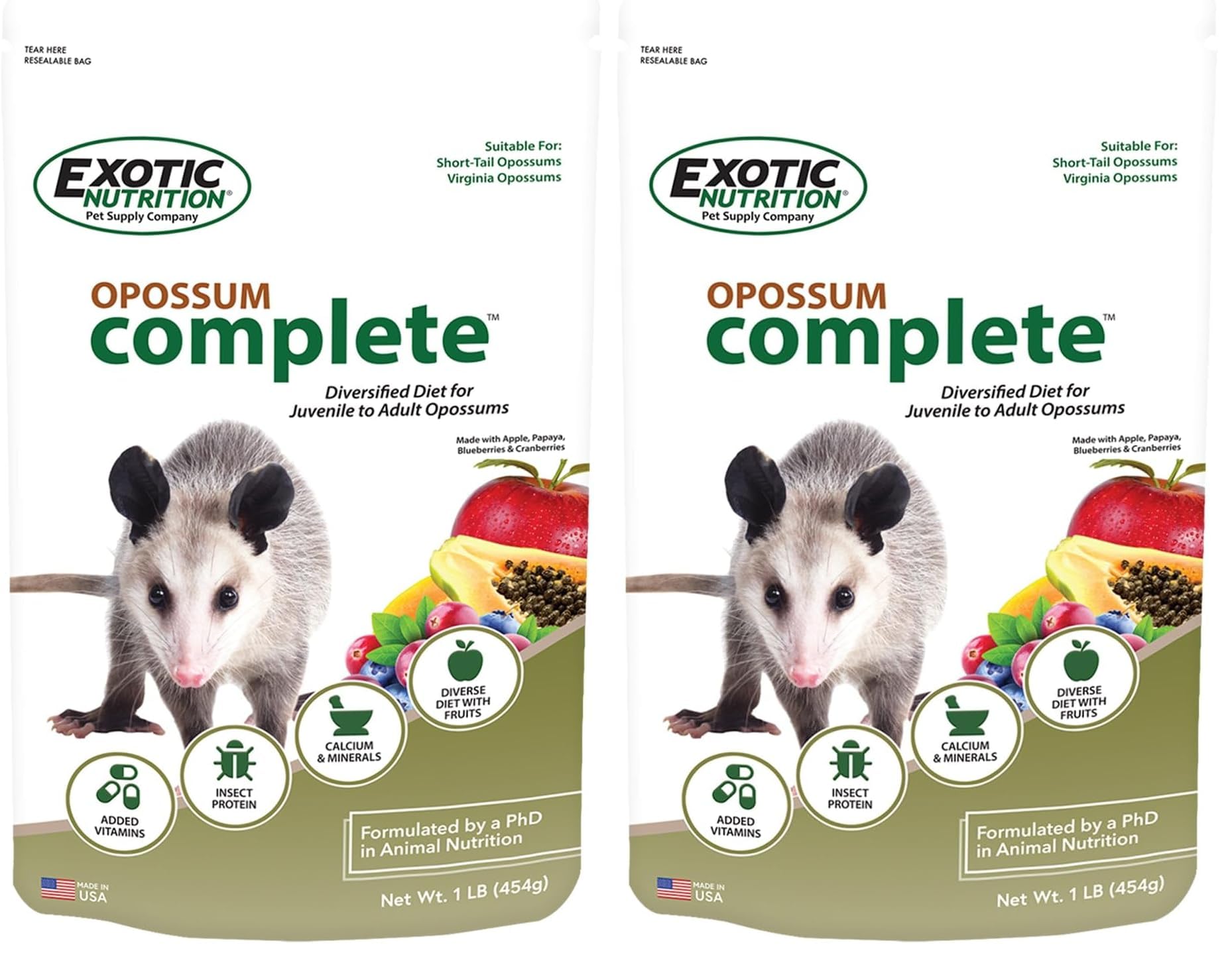 Exotic Nutrition Opossum Complete Diet pellets in bowl supporting balanced growth.