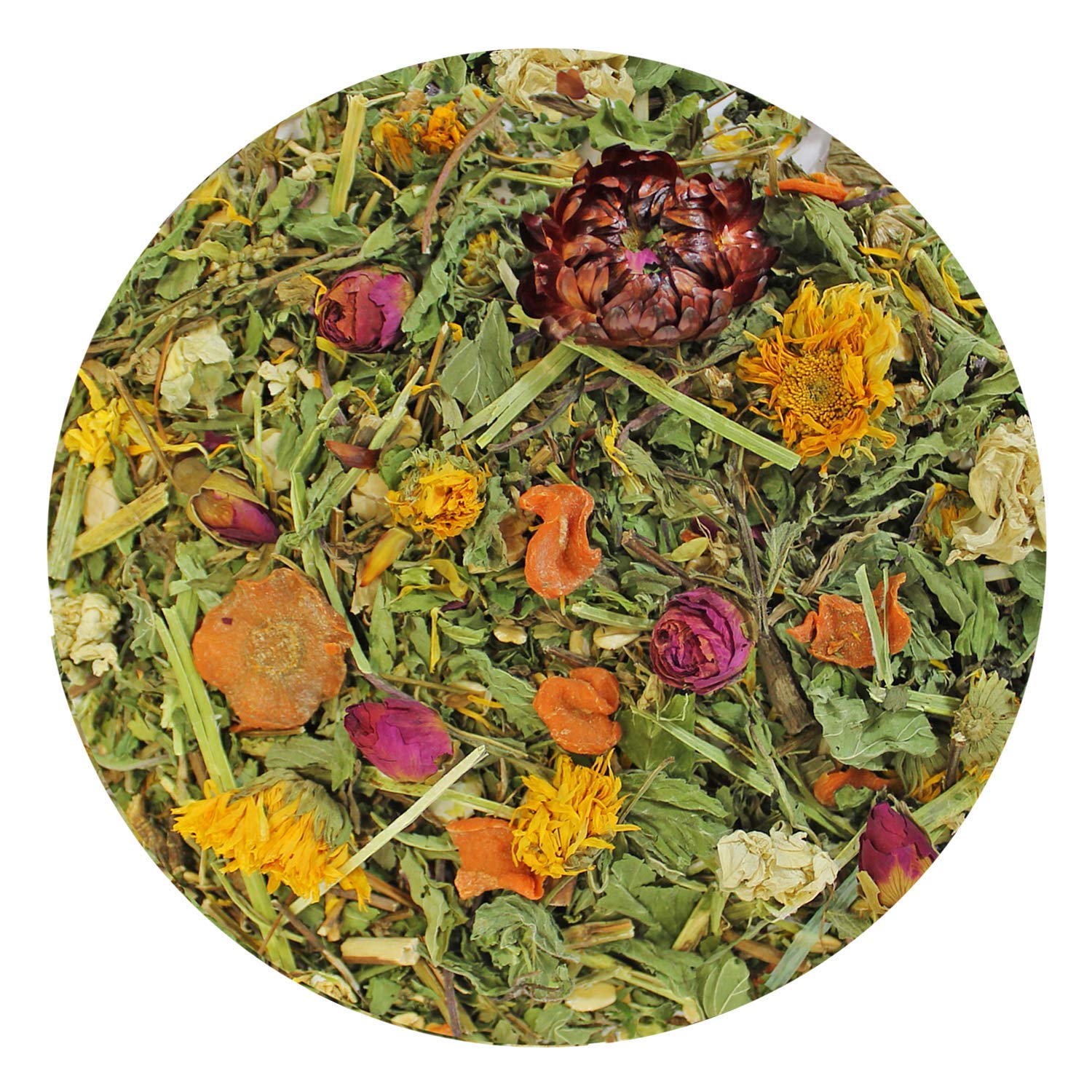 Exotic Nutrition Pasture Plus+ Salad Essentials dried flowers closeup highlights colorful petals and inviting aroma for enrichment.