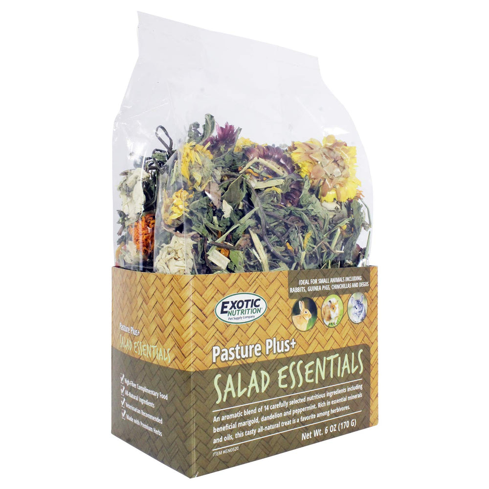Exotic Nutrition Pasture Plus+ Salad Essentials herb-mix closeup reveals varied greens for herbivores.
