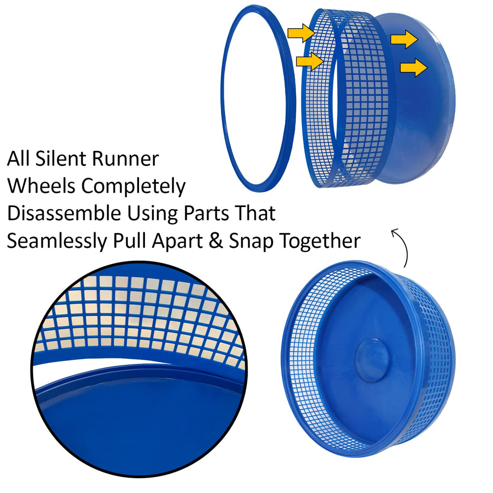 Close-up of stainless steel and polypropylene in Exotic Nutrition Silent Runner Pro wheel blue.