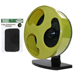Exotic Nutrition Silent Runner wheel on stand shows safe, quiet exercise for small pets.