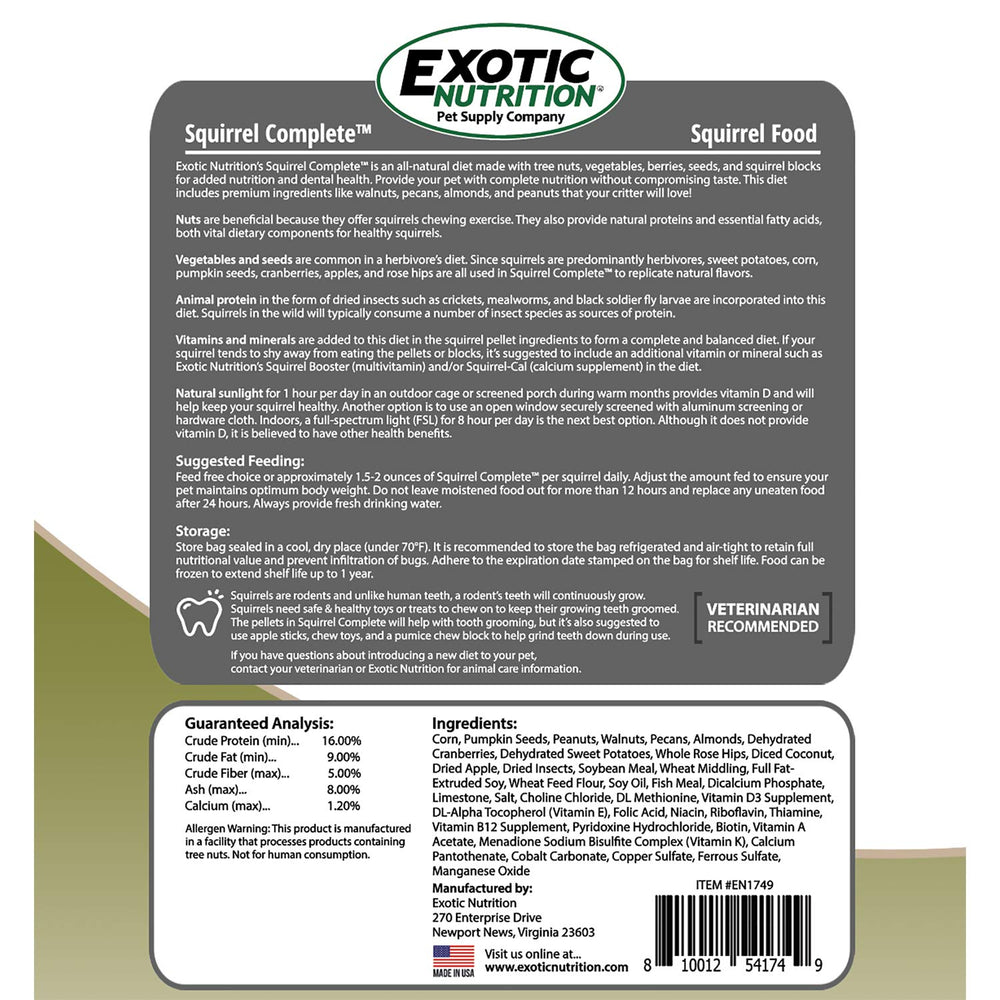 Exotic Nutrition Squirrel Complete ingredients display showcasing a varied mix.
