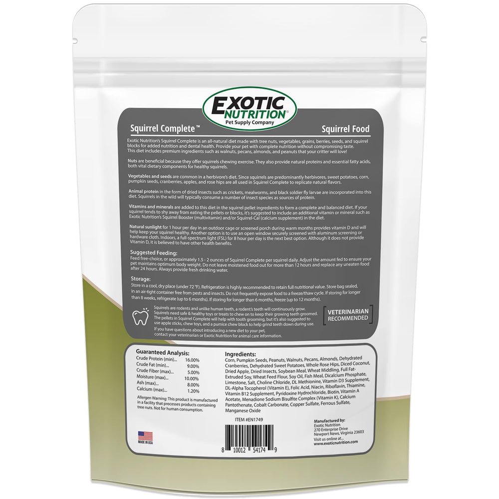 Exotic Nutrition Squirrel Complete storage container emphasizes airtight freshness.