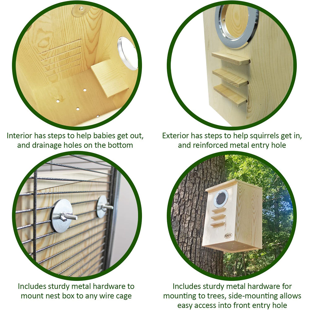Exotic Nutrition Squirrel Nest Box metal rim provides sturdy durability during play time