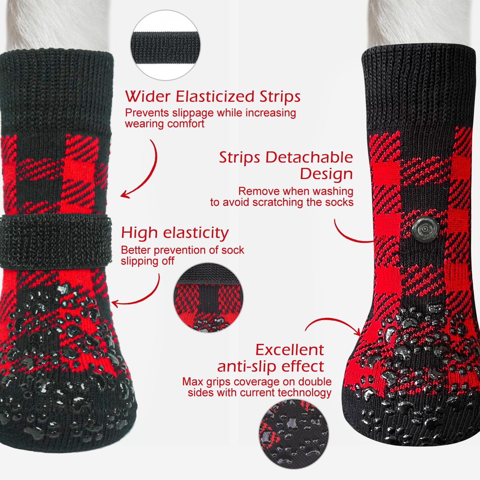 EXPAWLORER sock close-up showing detachable belt keeps socks on paws.