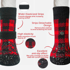 EXPAWLORER sock close-up showing detachable belt keeps socks on paws.