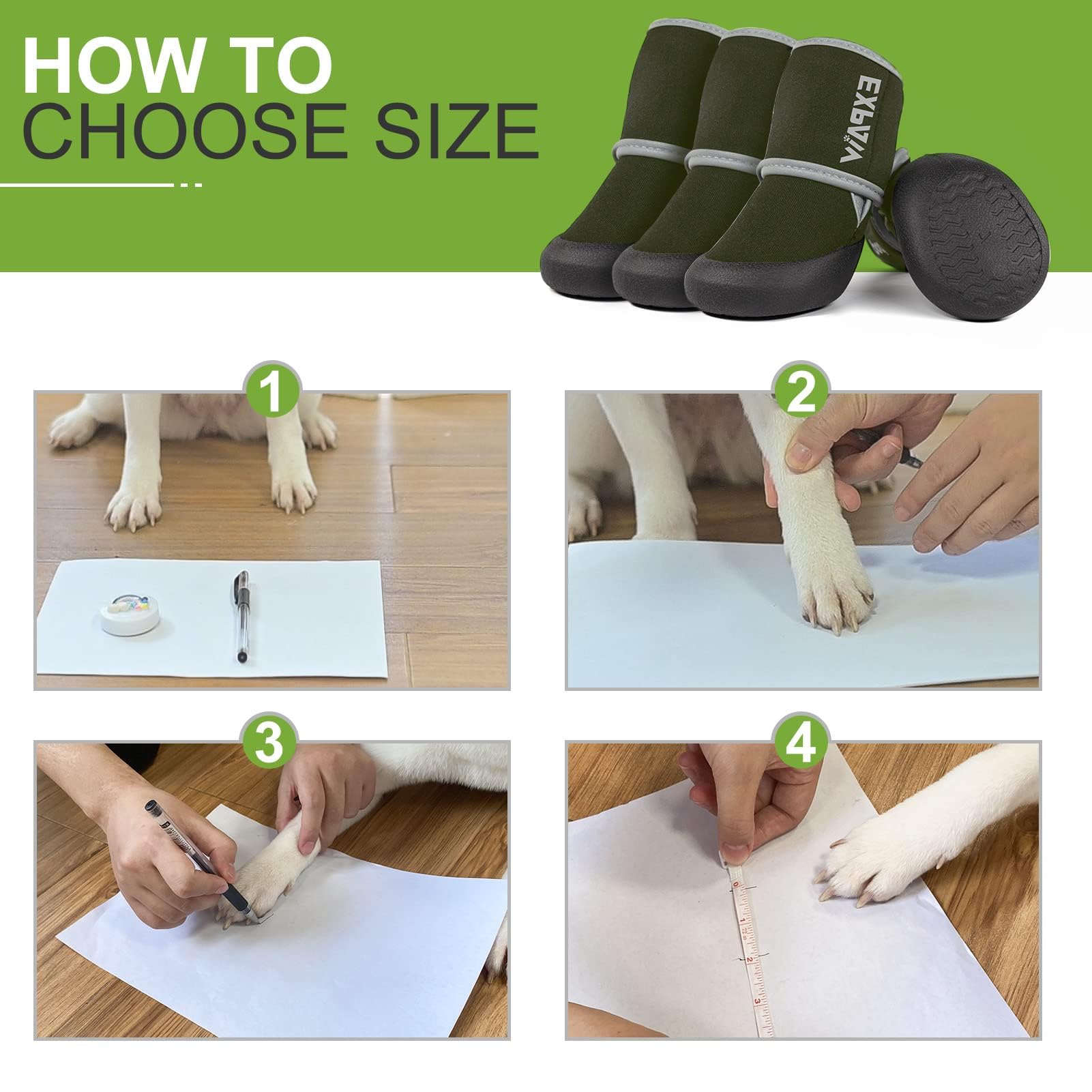 EXPAWLORER waterproof dog shoes on dog illustrate secure fit while walking.