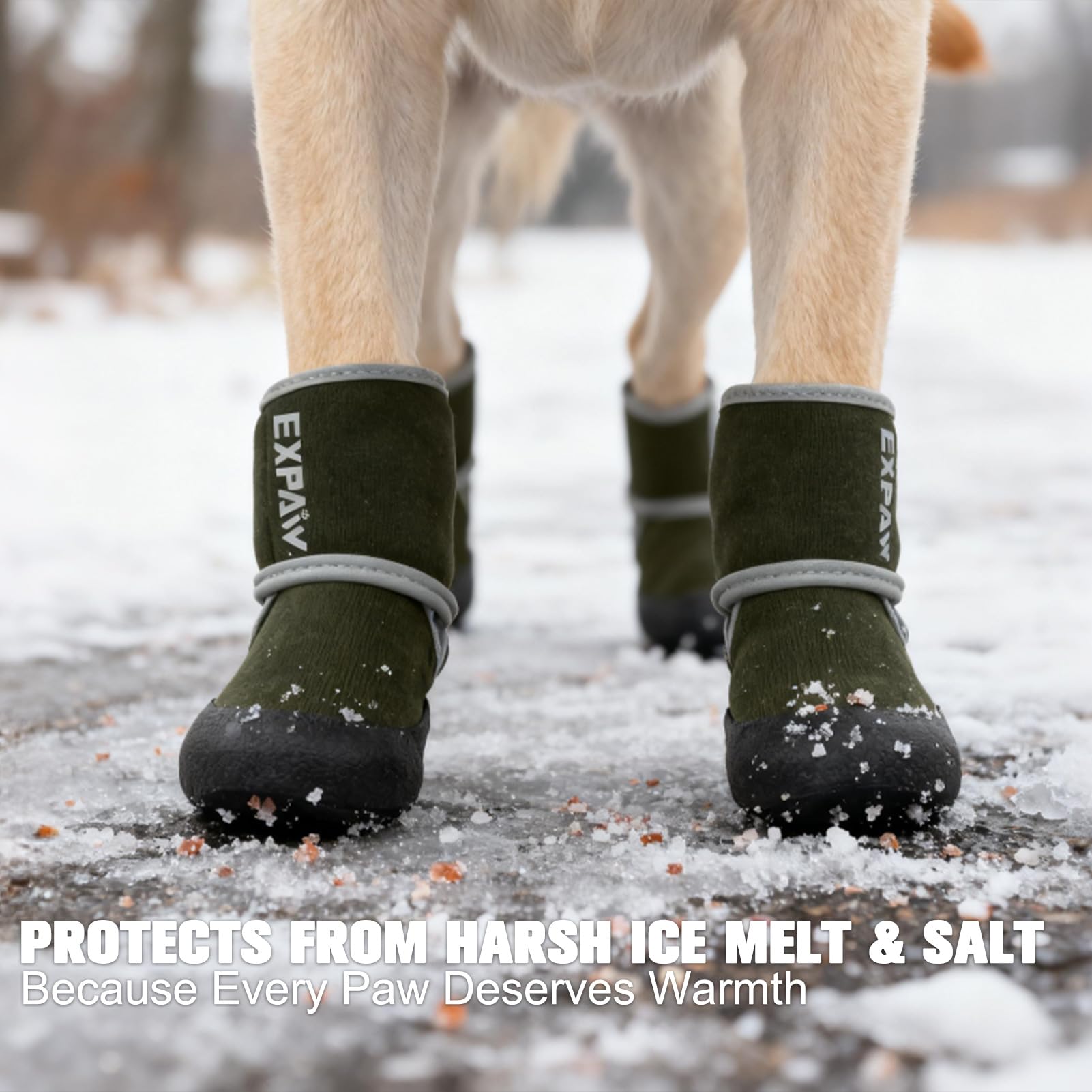 EXPAWLORER waterproof dog shoes with reflective-straps improve nighttime visibility.