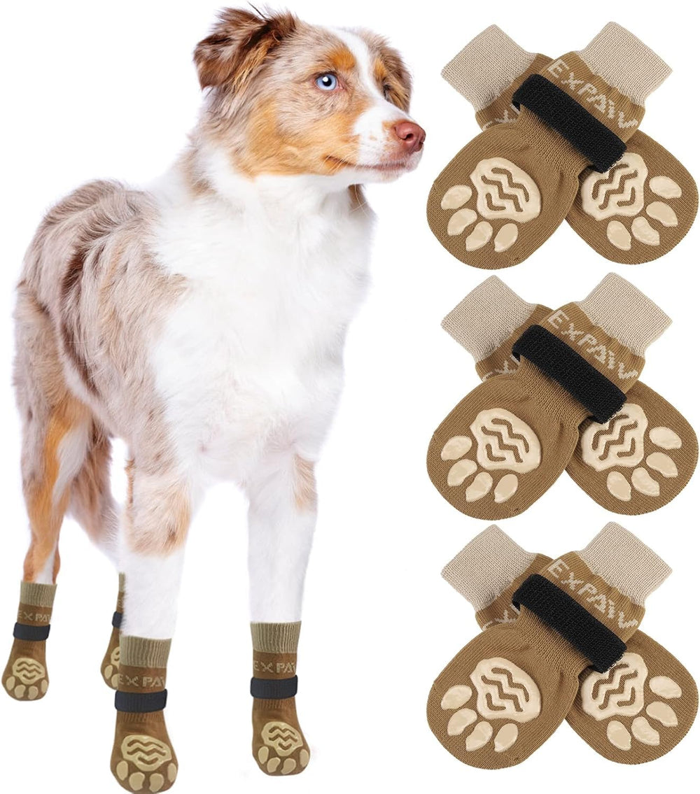 EXPAWLORER 6PCS anti-slip dog socks pack demonstrates paw protection and licking prevention for daily walks