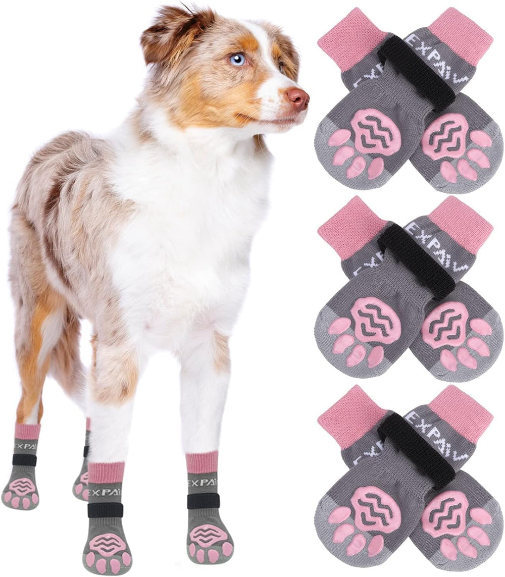EXPAWLORER 6PCS anti-slip dog socks pack shown for varied paw sizes and traction