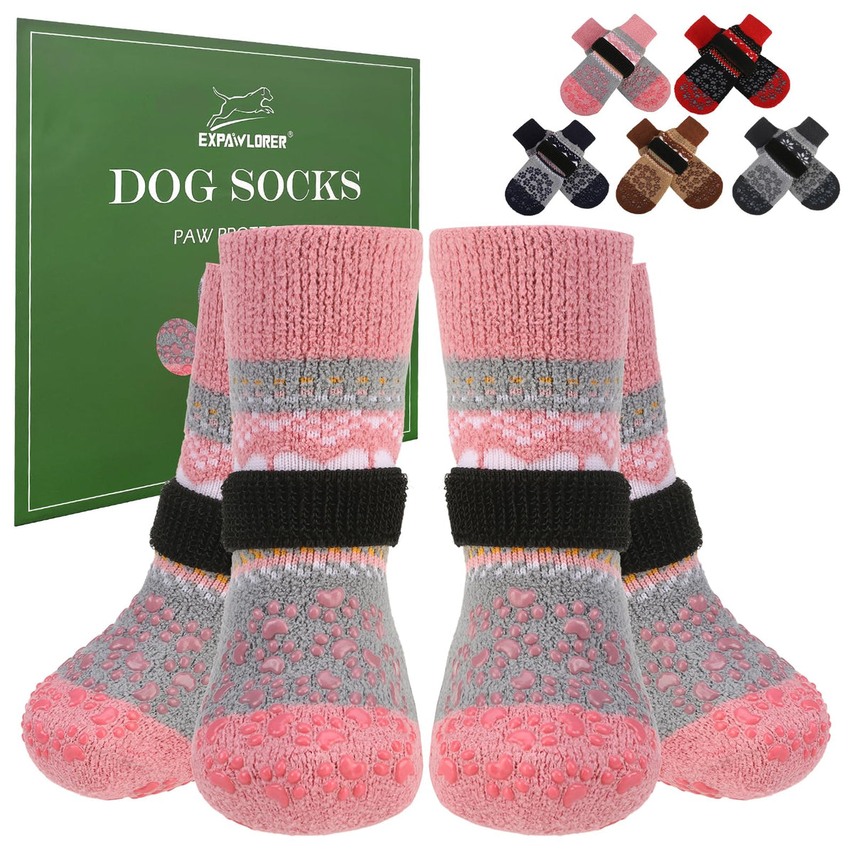 EXPAWLORER anti-slip dog socks provide secure indoor traction for slippery floors.