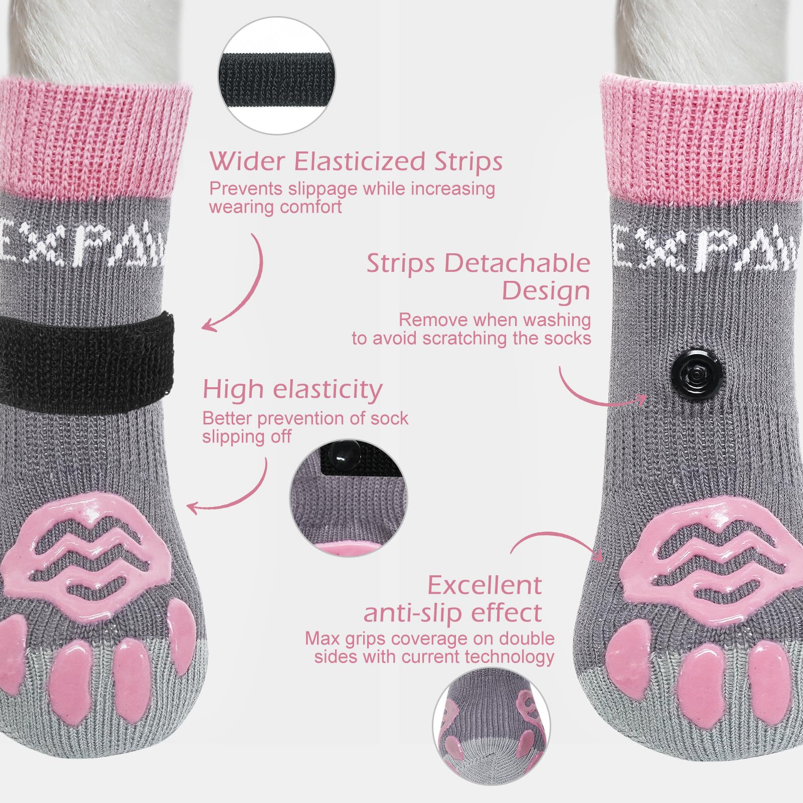 Calcetines Expawlorer para perro, vista trasera, evitan resbalones en pisos pulidos.