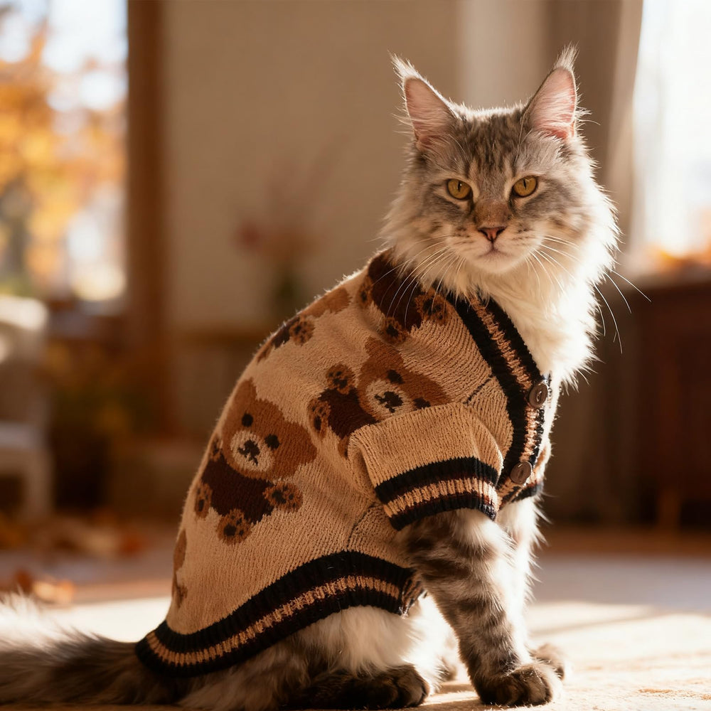 EXPAWLORER cat sweater cardigan model wearing indoors for daily wear