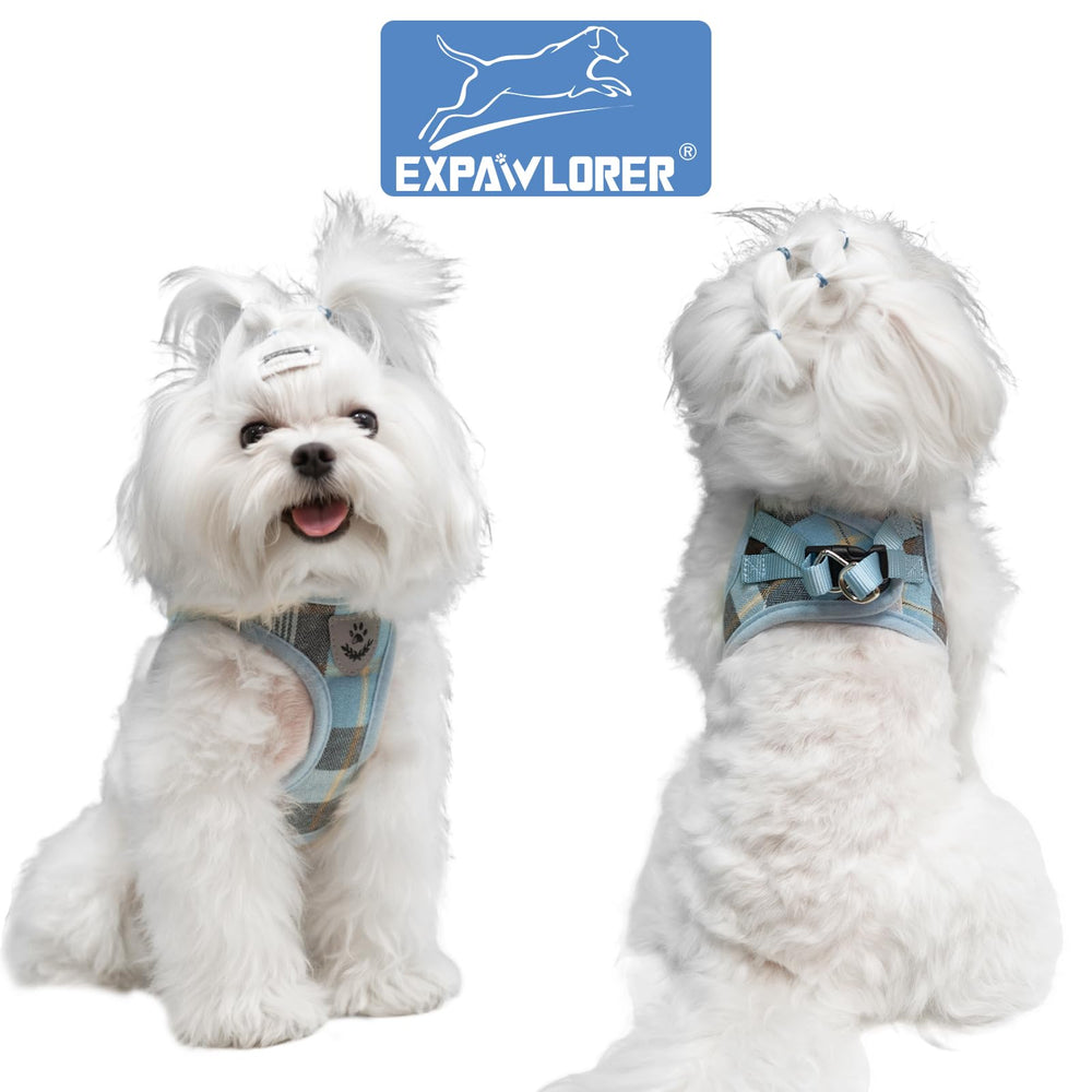 EXPAWLORER Plaid harness close-up stitching with padded air mesh comfort.