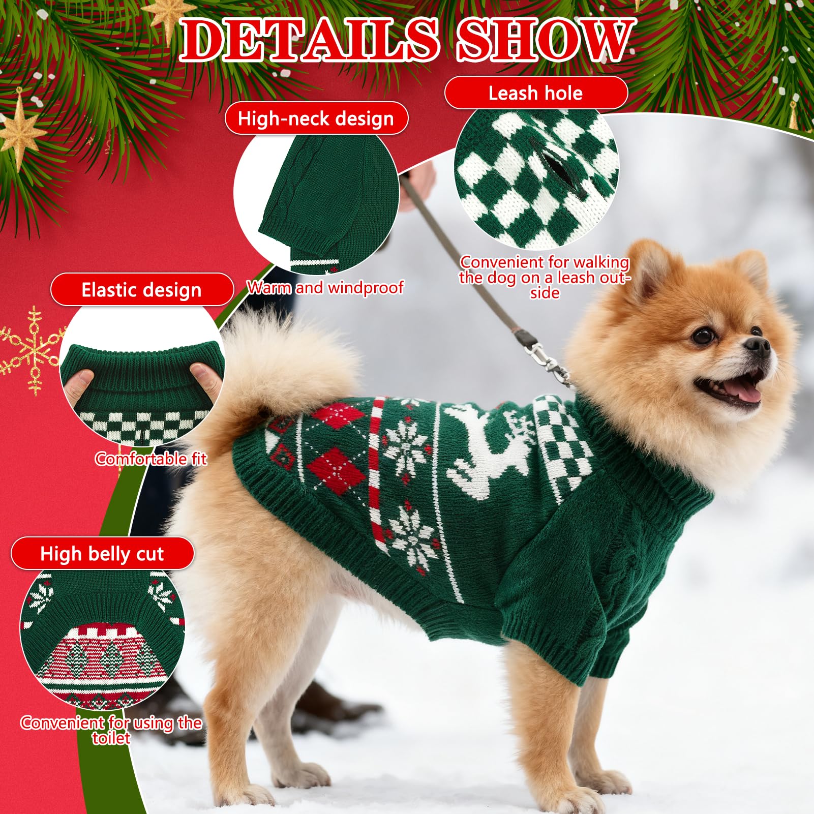 EXPAWLORER dog Christmas sweater back view with leash hole for outdoor walks.