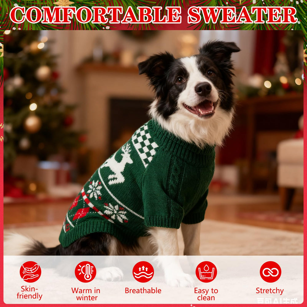 EXPAWLORER dog Christmas sweater green back view emphasizes flexible cuffs and secure comfort