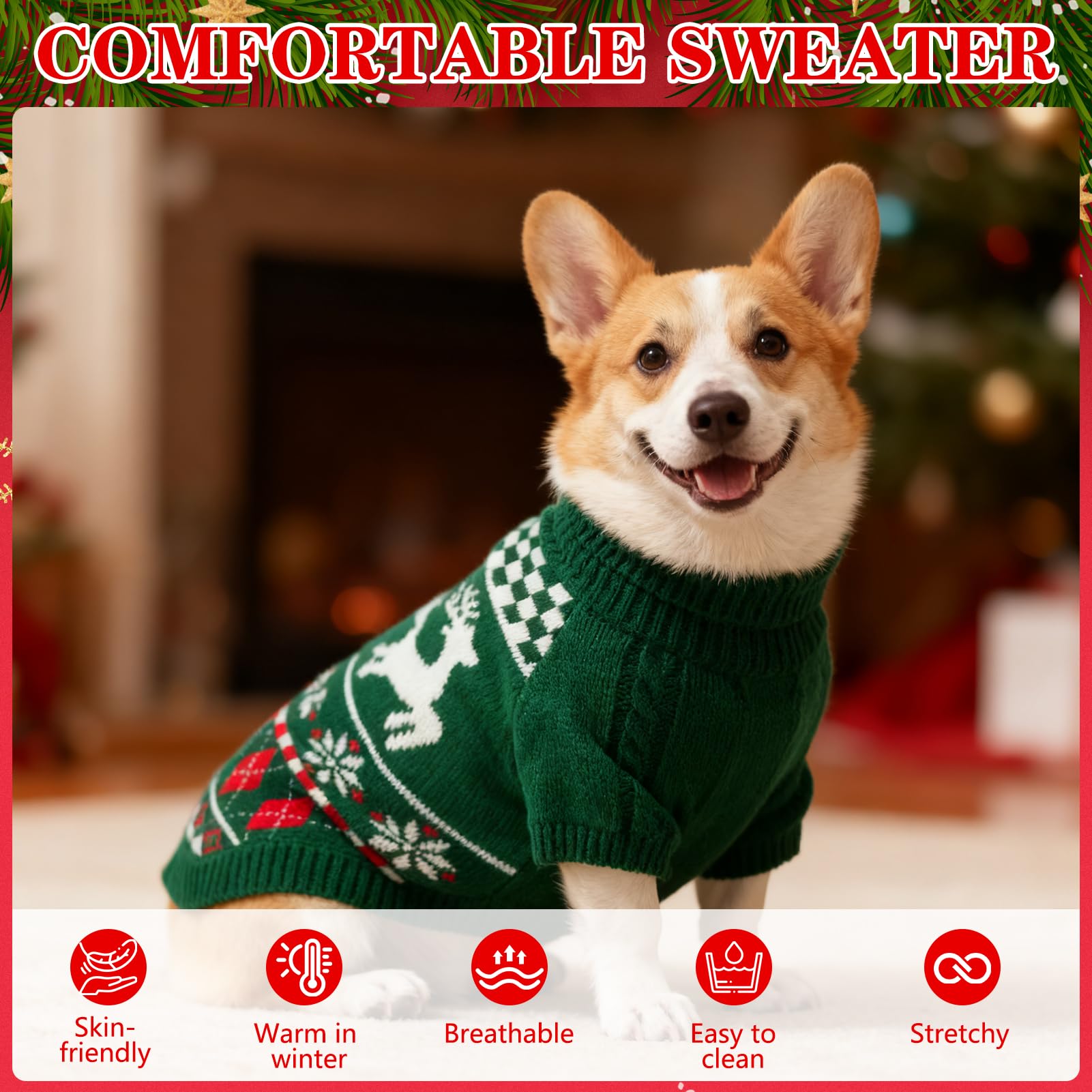 EXPAWLORER dog Christmas sweater front view shows snug fit for daily wear.