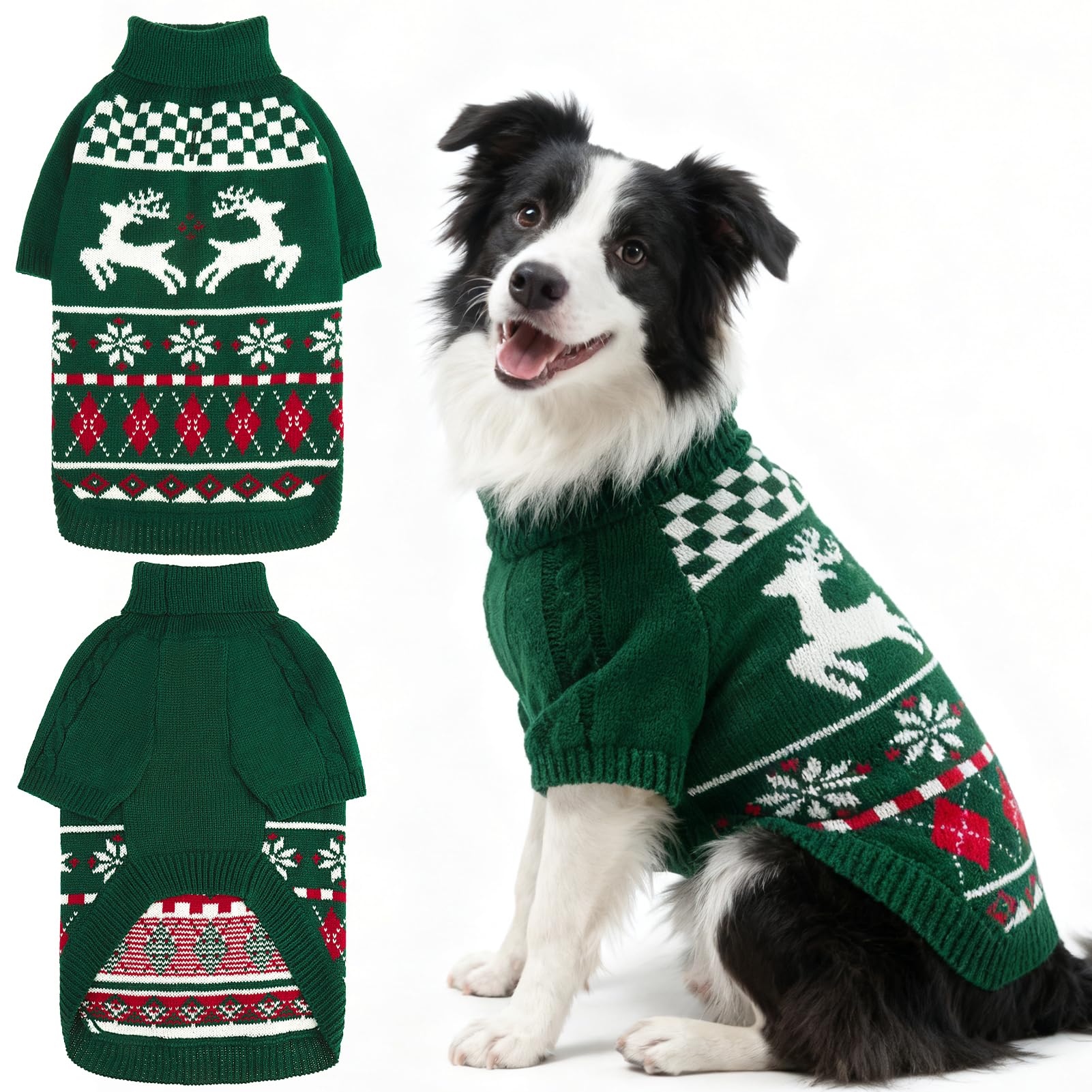 EXPAWLORER dog Christmas sweater green front view for festive photos and snug warmth