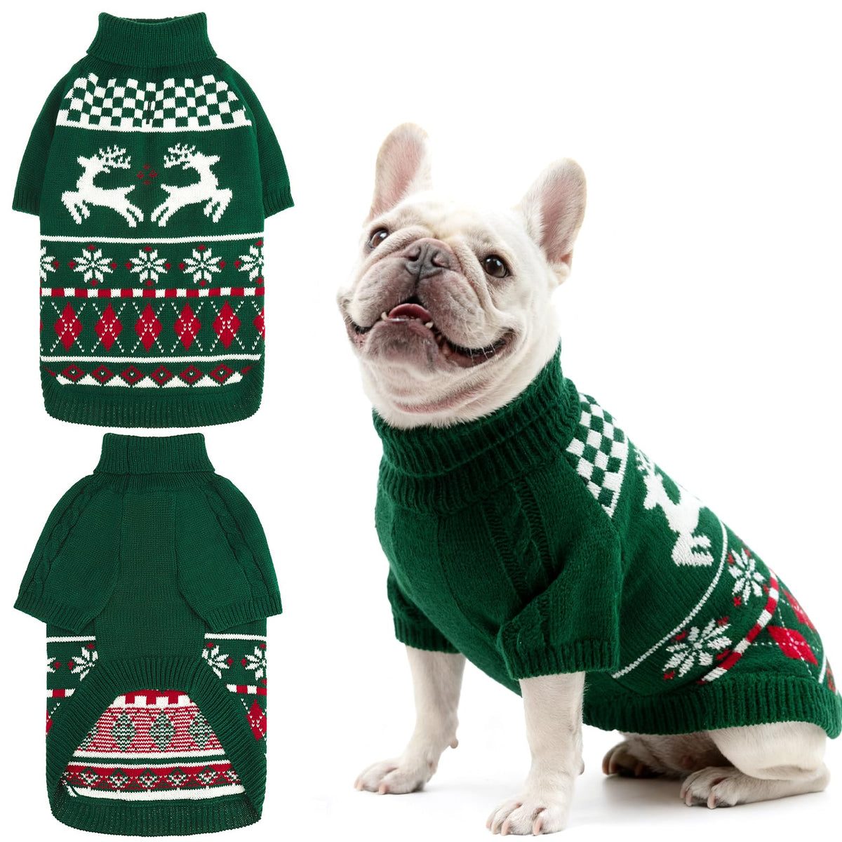 EXPAWLORER dog Christmas sweater green moose pattern for festive warmth.