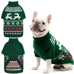 EXPAWLORER dog Christmas sweater green moose pattern for festive warmth.