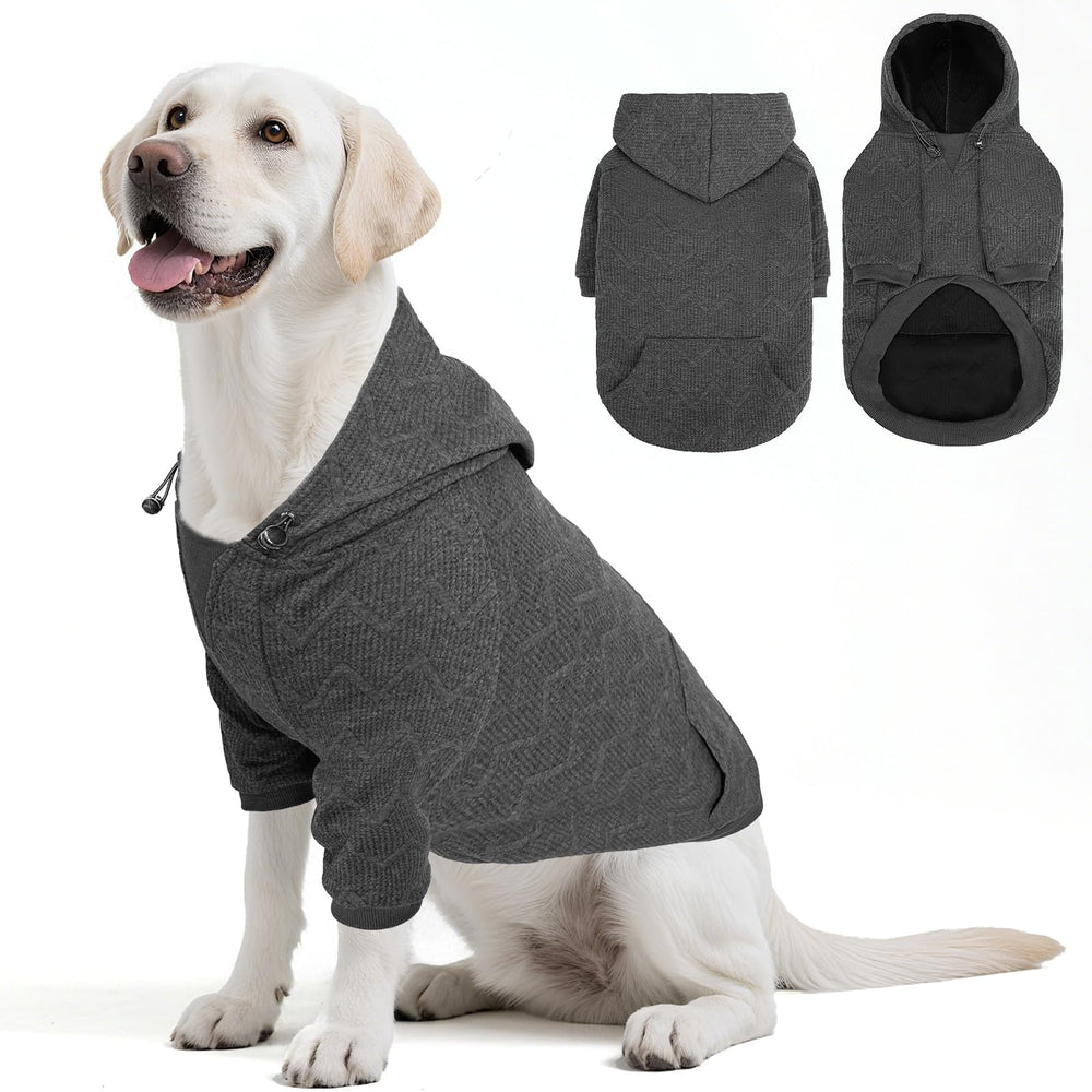 EXPAWLORER dog hoodie front view highlights soft grey fabric and snug fit.