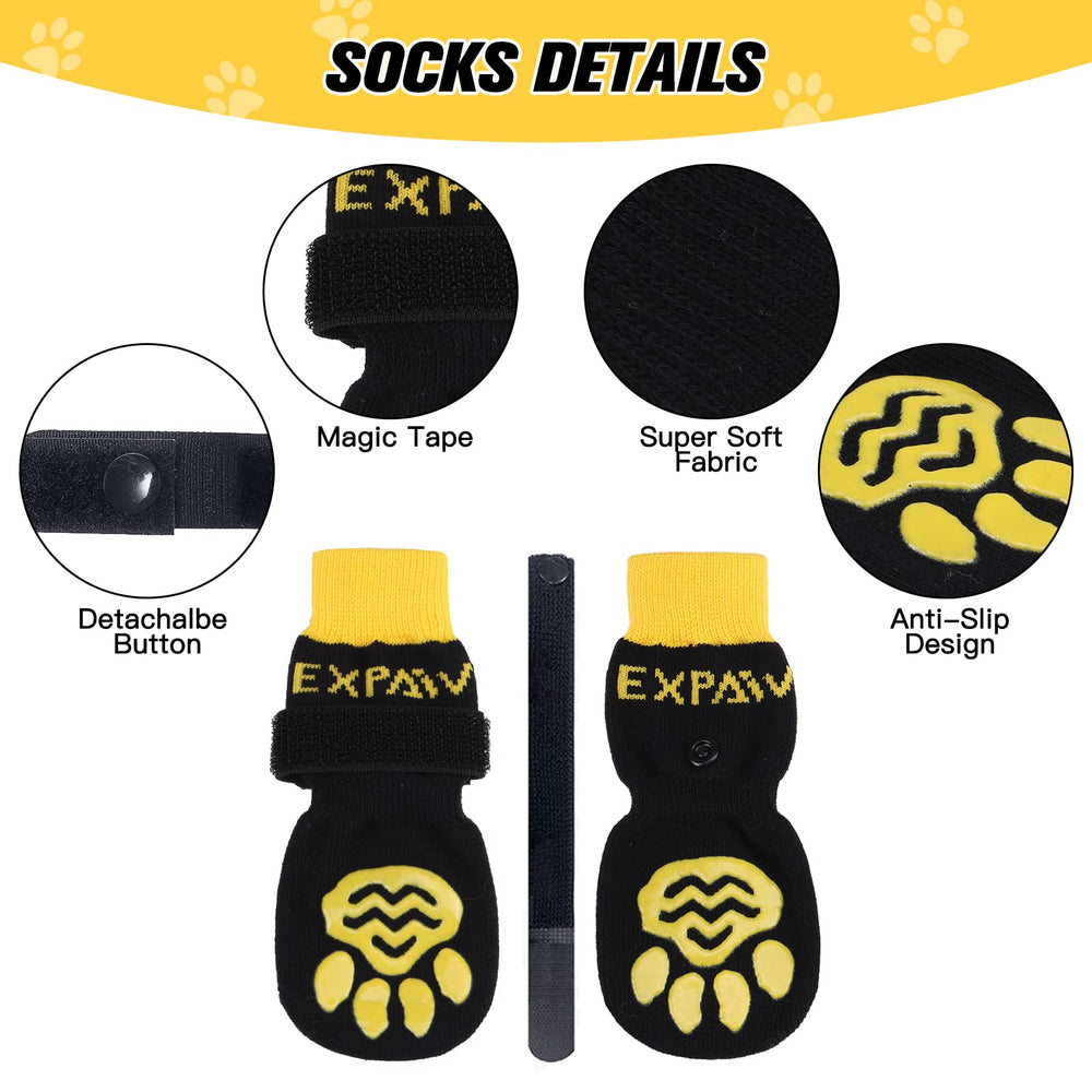 EXPAWLORER dog socks demonstrating adjustable fit with magic tape