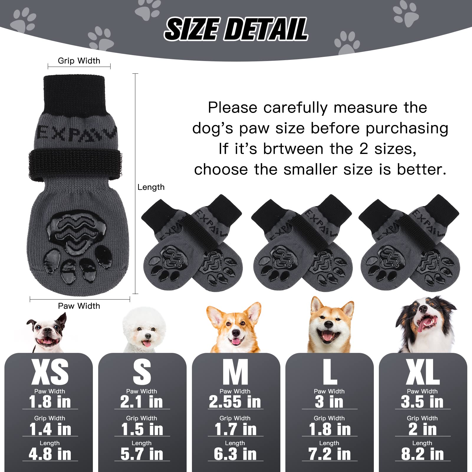 EXPAWLORER dog socks close-up shows large anti-slip pattern for hardwood floor traction