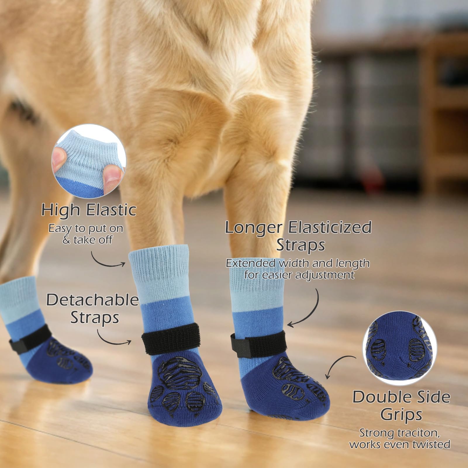 EXPAWLORER dog socks blue on floor demonstrate all-season paw protection