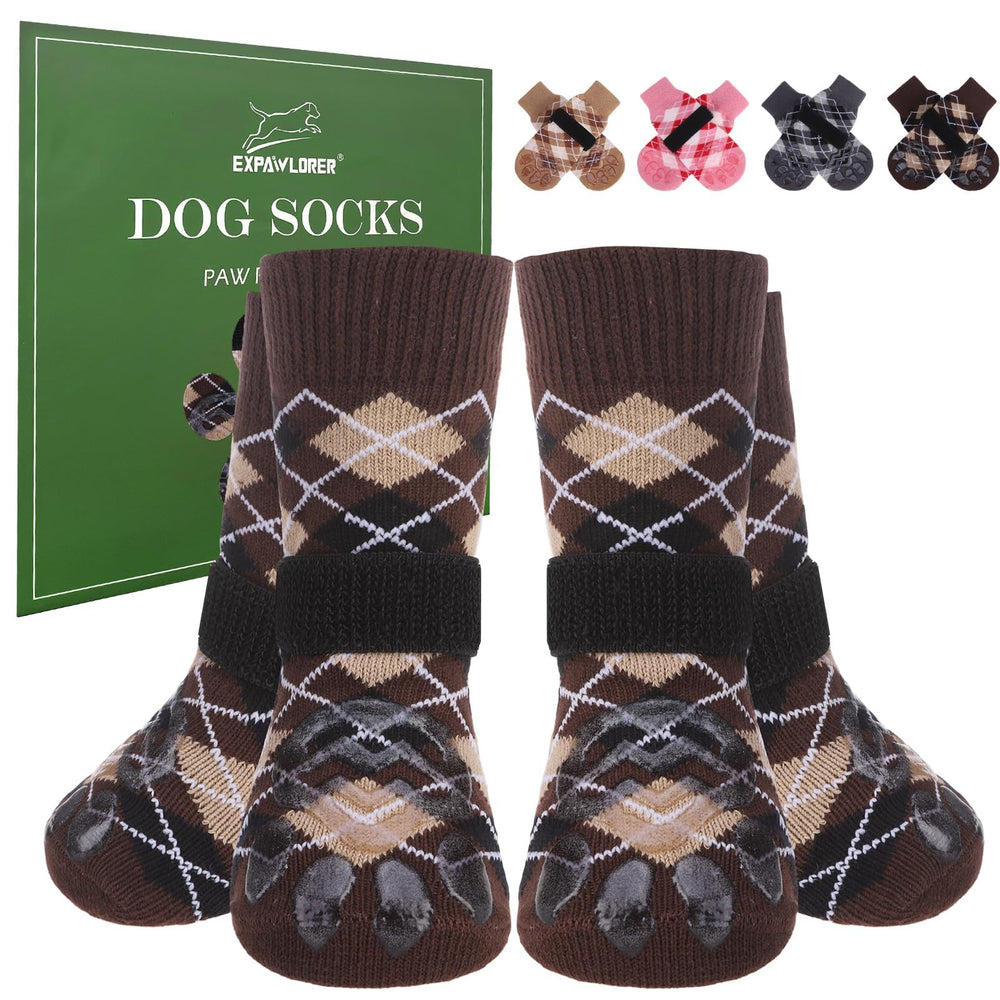 EXPAWLORER dog socks fashion-design view highlights stylish outdoor protection during walks.