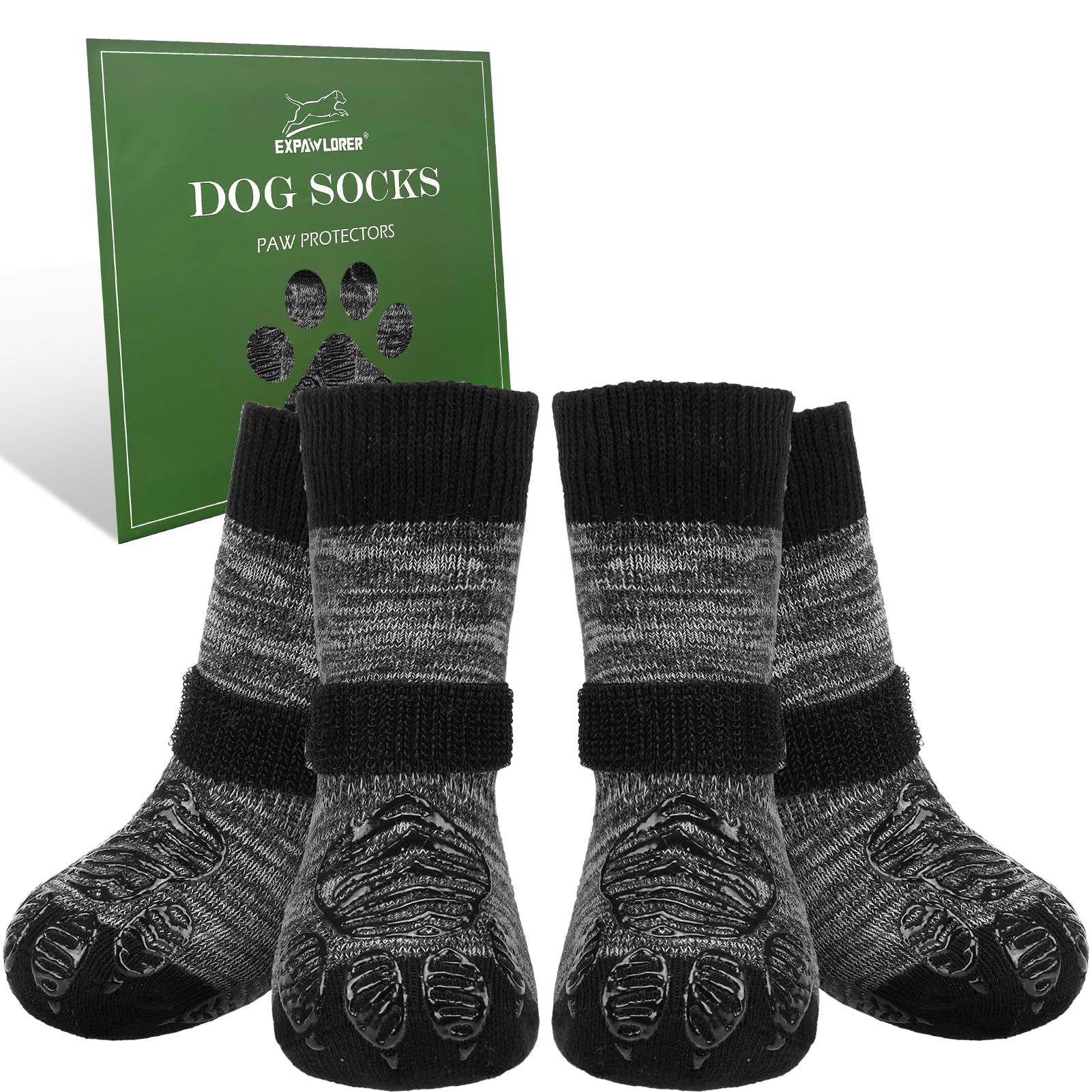 EXPAWLORER Dog Socks front view demonstrates snug fit and hardwood-floor traction.