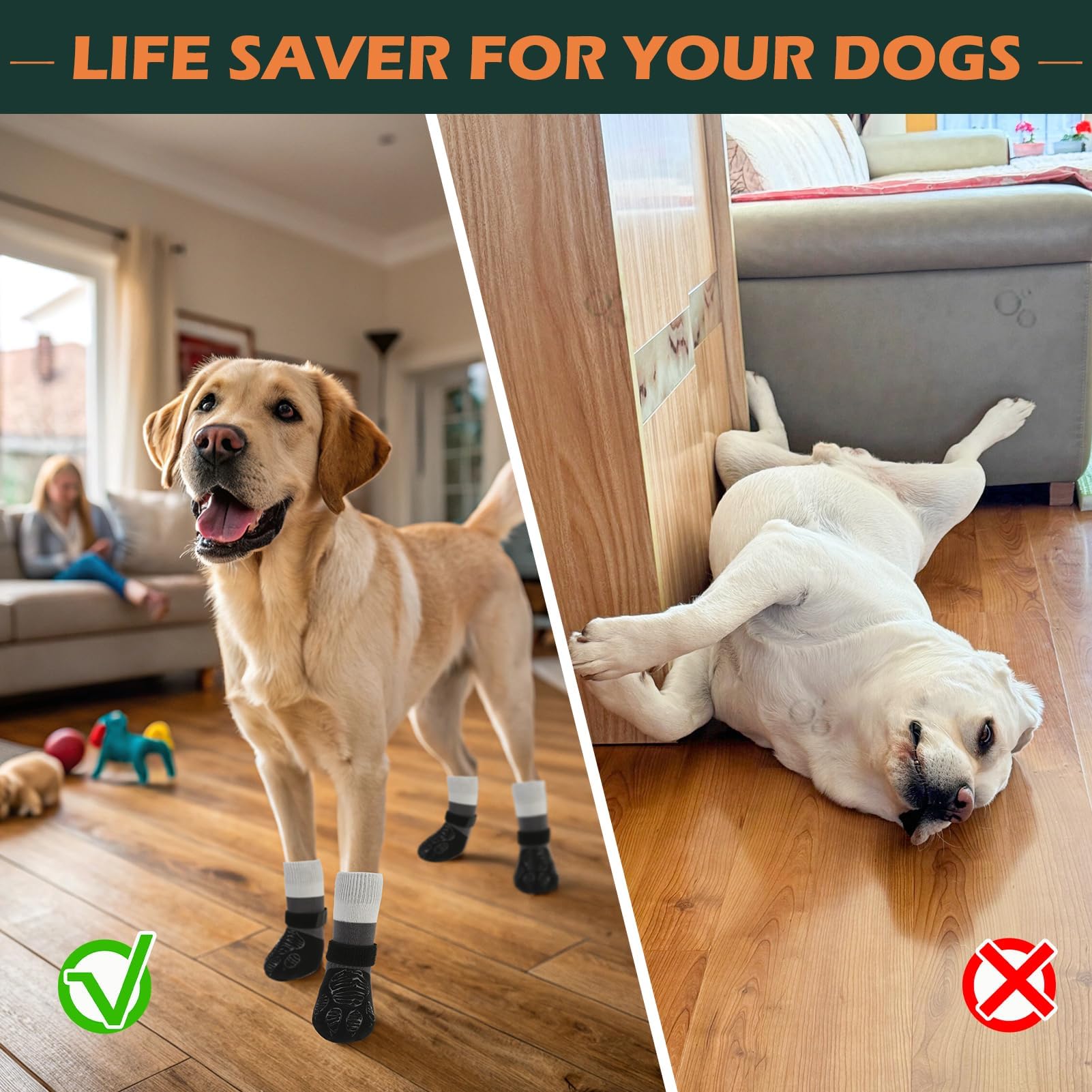 EXPAWLORER dog socks on hardwood floor preventing slips and paw contact
