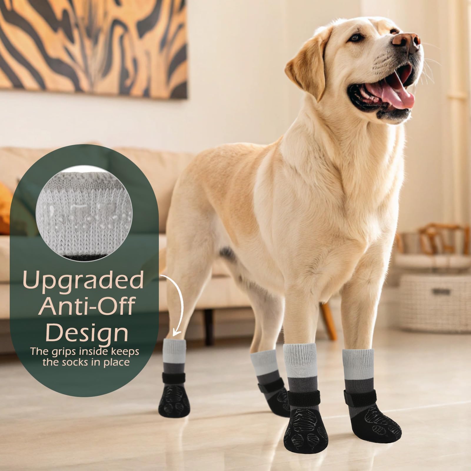 EXPAWLORER indoor-protection sock guards paws on wood and tile surfaces.