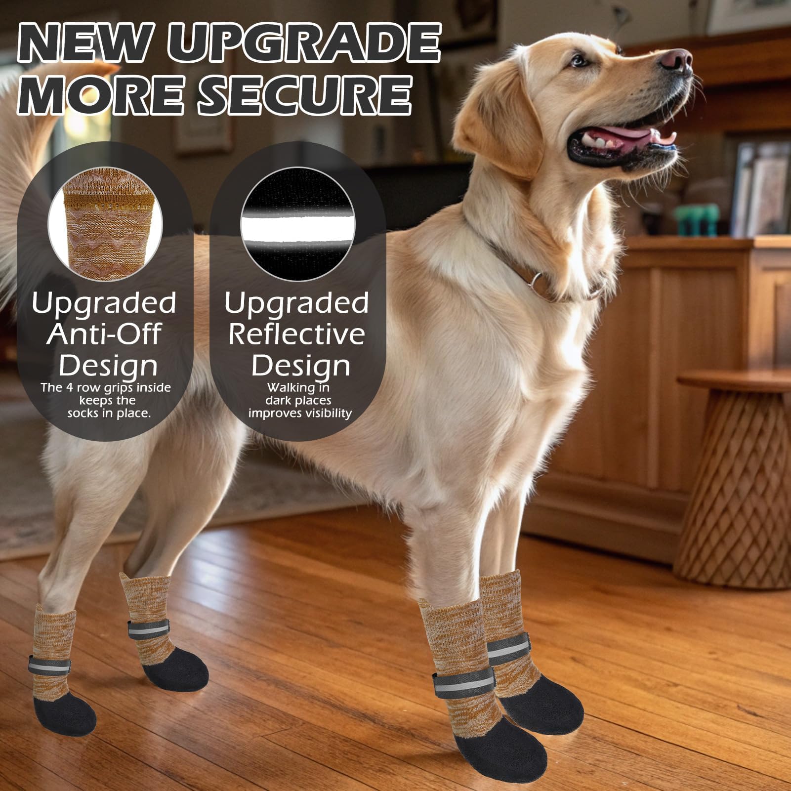 EXPAWLORER anti-slip dog socks on hardwood floors improve stability for older dogs.