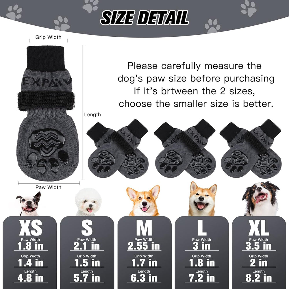 EXPAWLORER dog socks show traction on wood floors for safer steps.