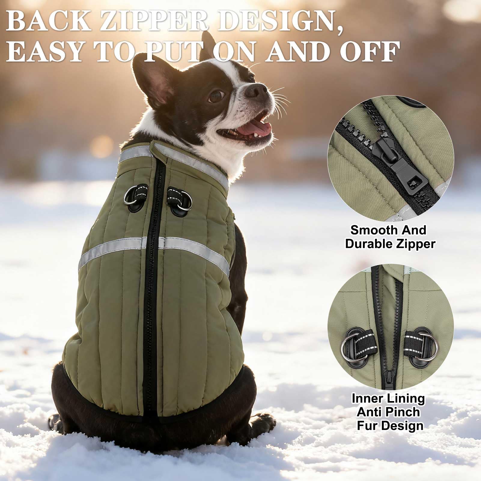 EXPAWLORER dog winter coat green zipper detail enables quick on/off