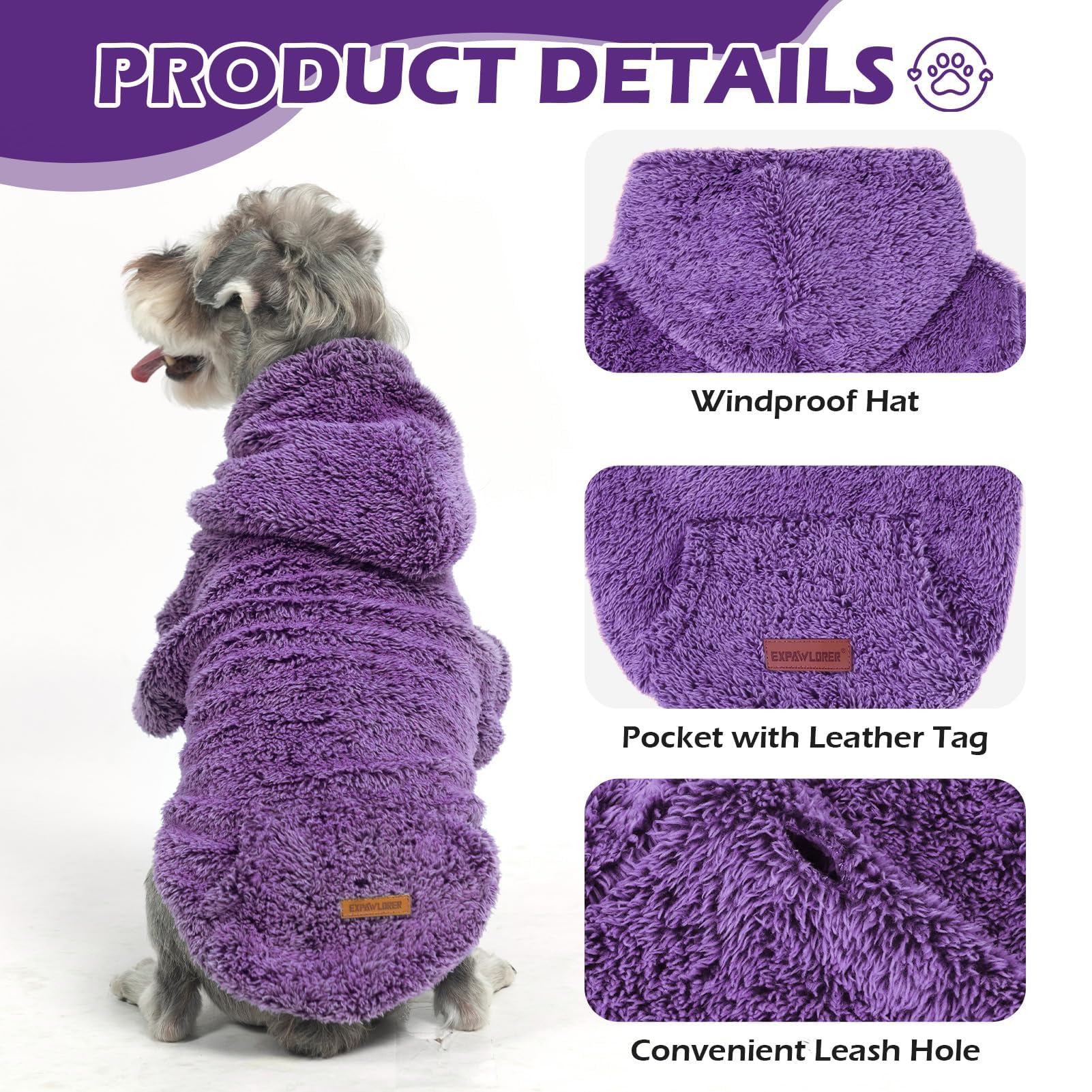 EXPAWLORER fuzzy dog sweater purple XL back pocket is perfect for treats during outings.