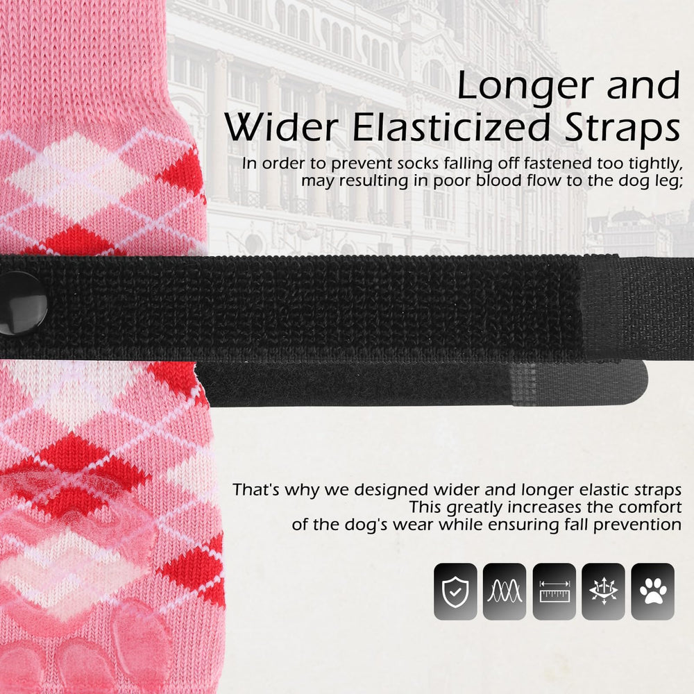 EXPAWLORER pink dog socks double-sided grips prevent slips on smooth surfaces during play.