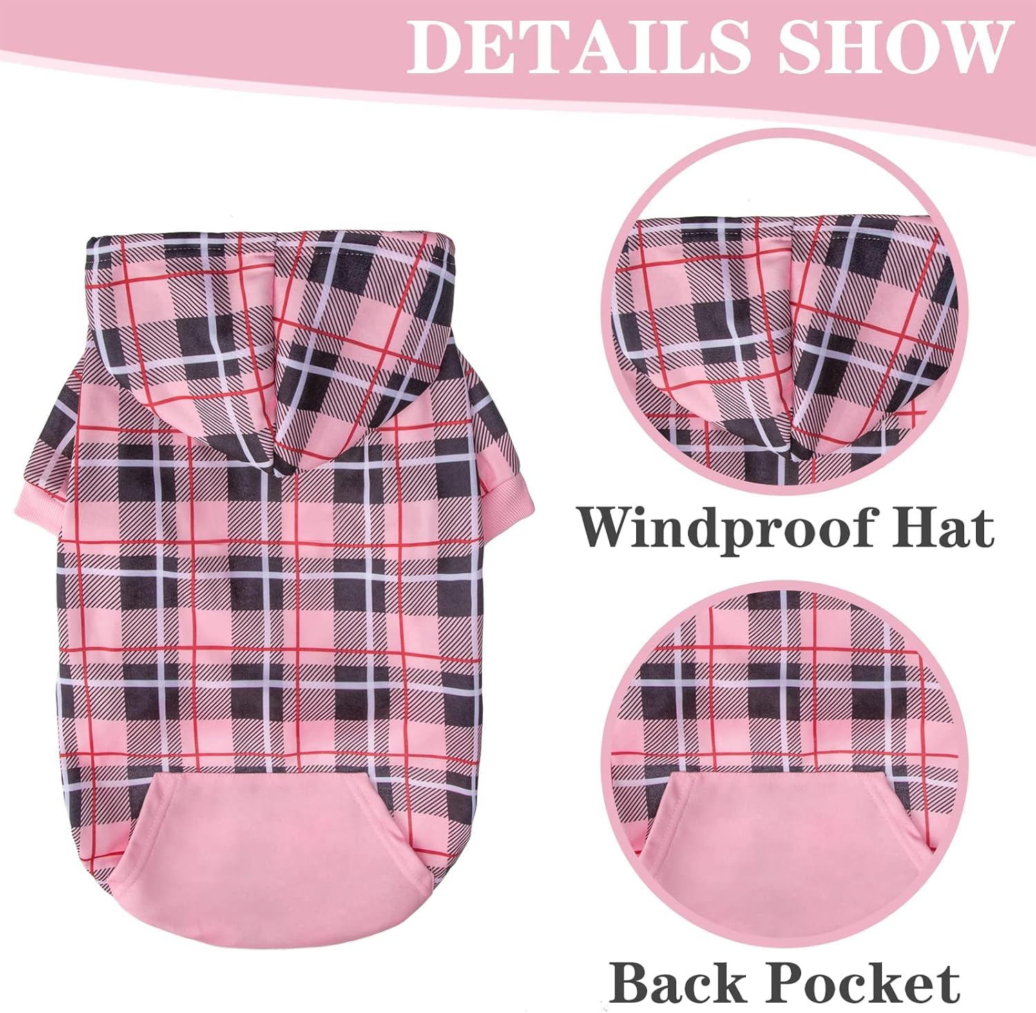 EXPAWLORER plaid dog hoodie back pocket detail for carrying treats