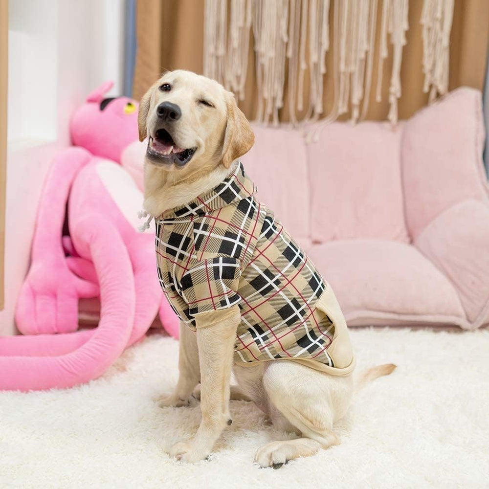 EXPAWLORER plaid dog hoodie fabric close-up highlights soft, durable material.