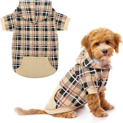 EXPAWLORER plaid dog hoodie front view shows cozy warm fabric for everyday walks.