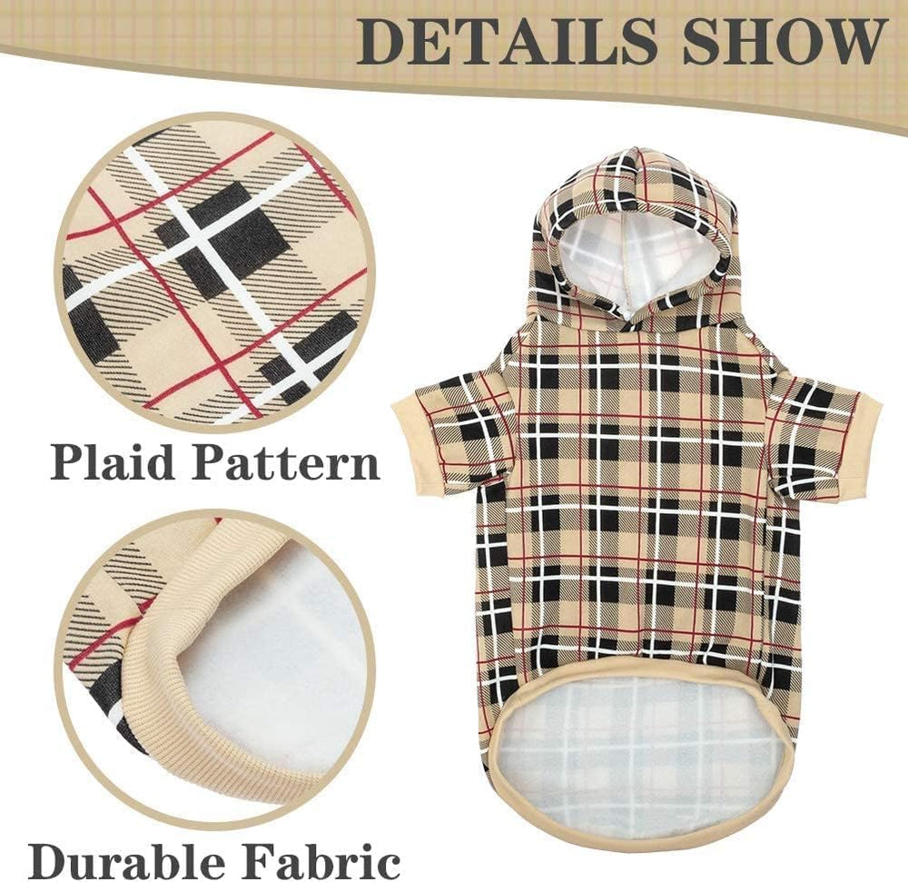 EXPAWLORER British-style tartan hoodie with leash hole for secure outdoor walks.