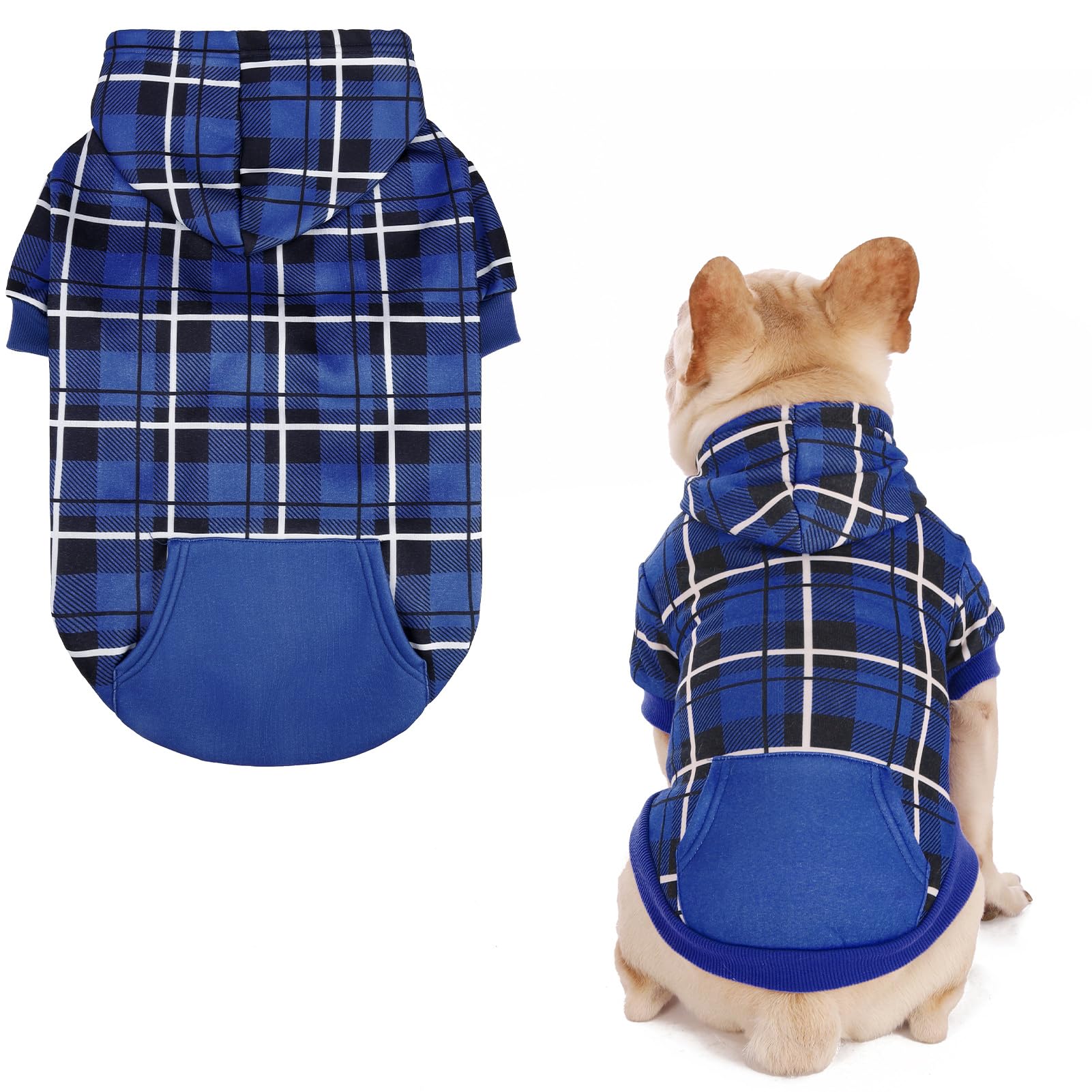 EXPAWLORER plaid dog hoodie navy front view for warm outdoor adventures