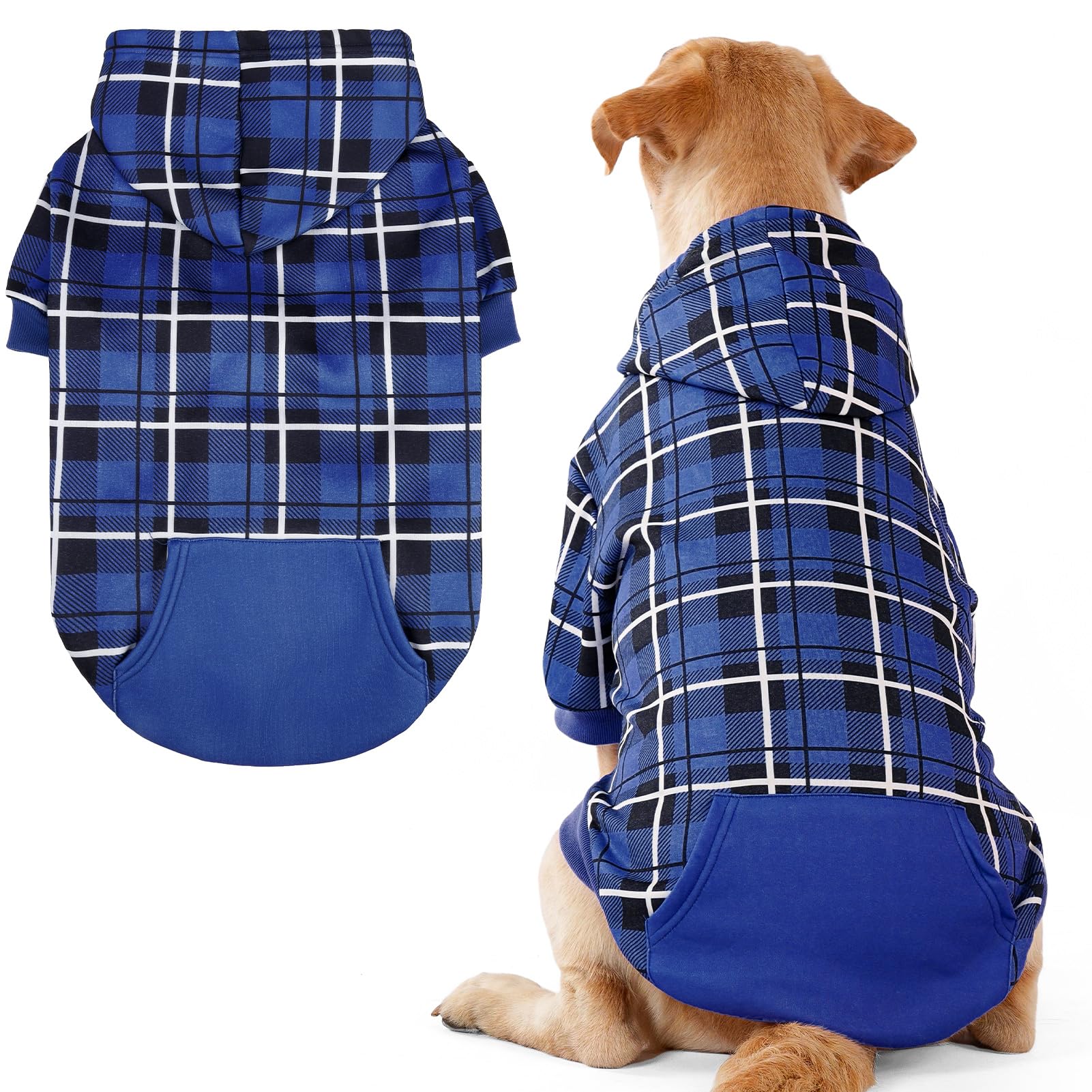EXPAWLORER Plaid Dog Hoodie navy front view, showcasing warmth for chilly walks.