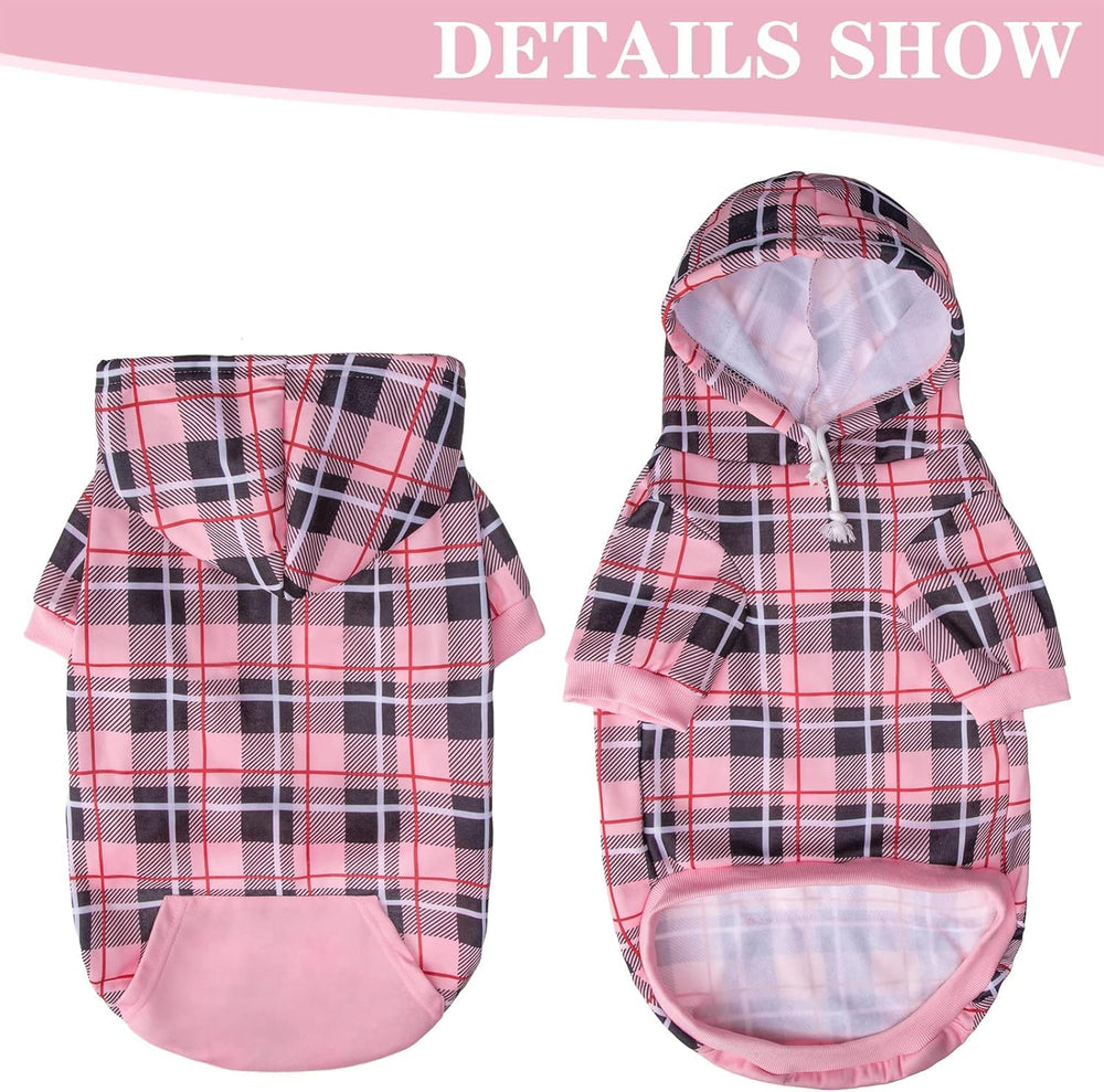 EXPAWLORER plaid dog hoodie pink medium fabric close-up showing soft warmth.