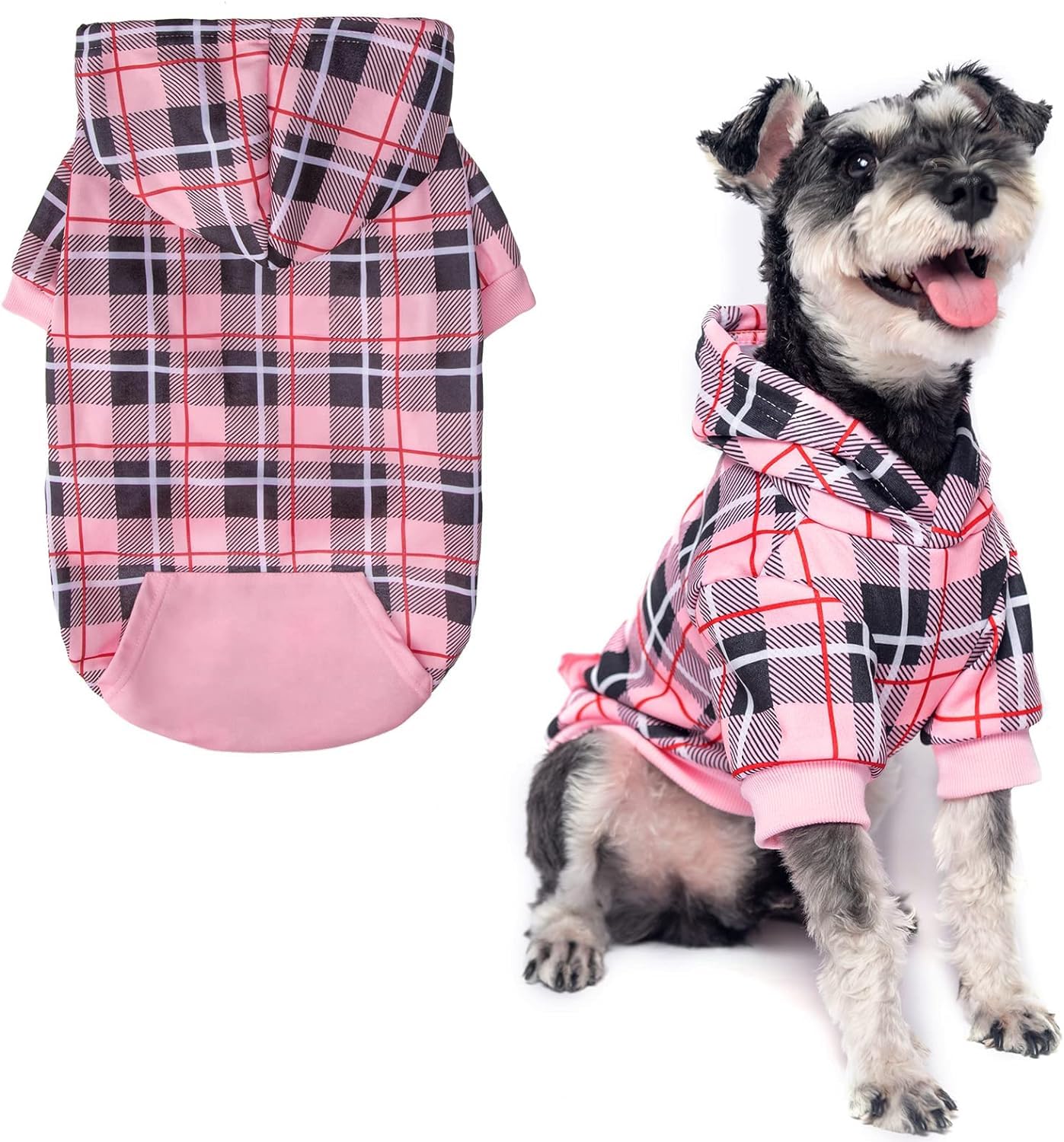 EXPAWLORER plaid dog hoodie pink medium front view for festive warmth and style.