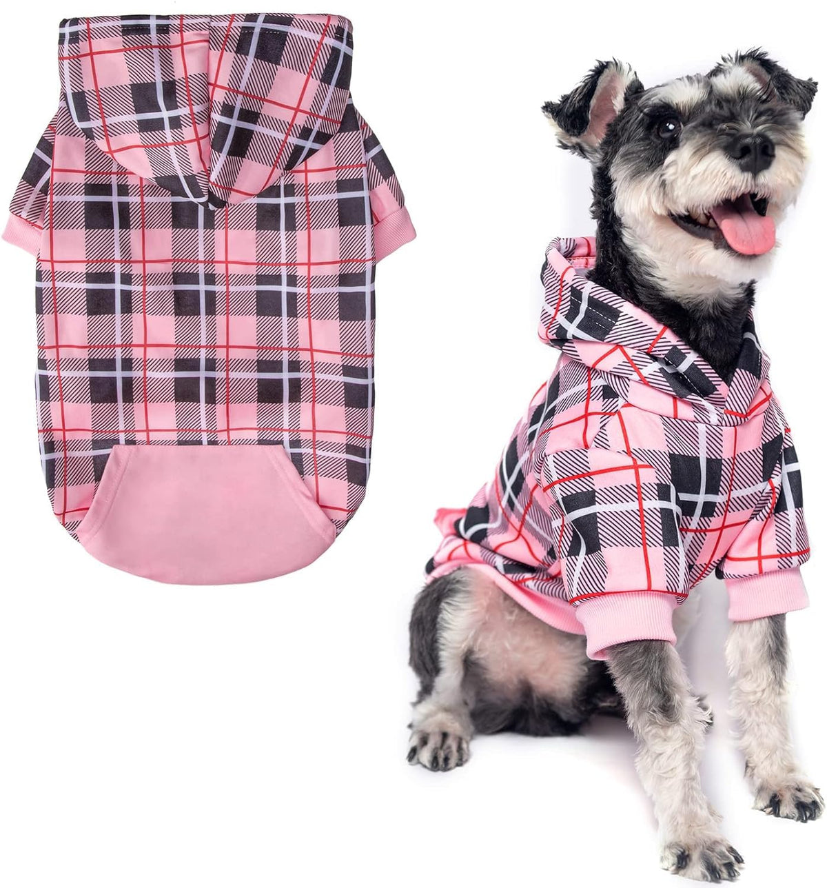EXPAWLORER plaid dog hoodie pink medium front view for festive warmth and style.