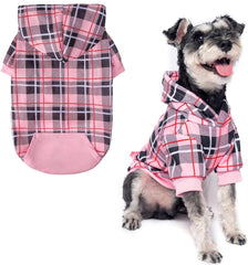 EXPAWLORER plaid dog hoodie pink medium front view for festive warmth and style.