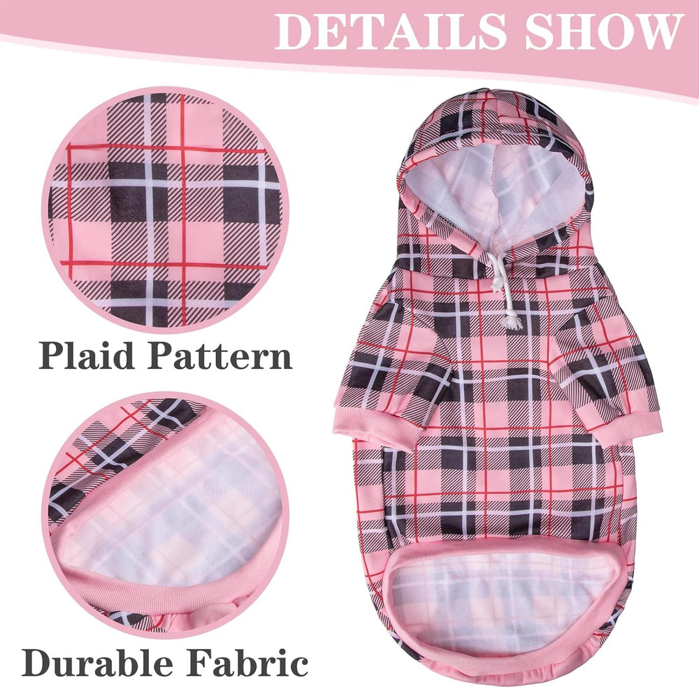 EXPAWLORER plaid dog hoodie pink medium pocket detail for treats on the go.